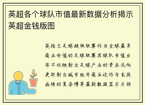 英超各个球队市值最新数据分析揭示英超金钱版图