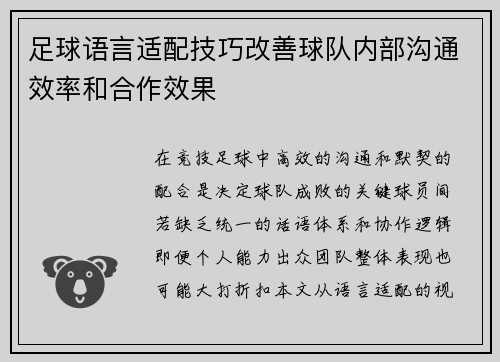 足球语言适配技巧改善球队内部沟通效率和合作效果