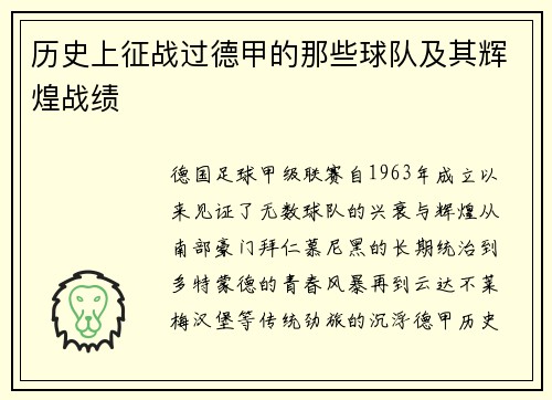 历史上征战过德甲的那些球队及其辉煌战绩